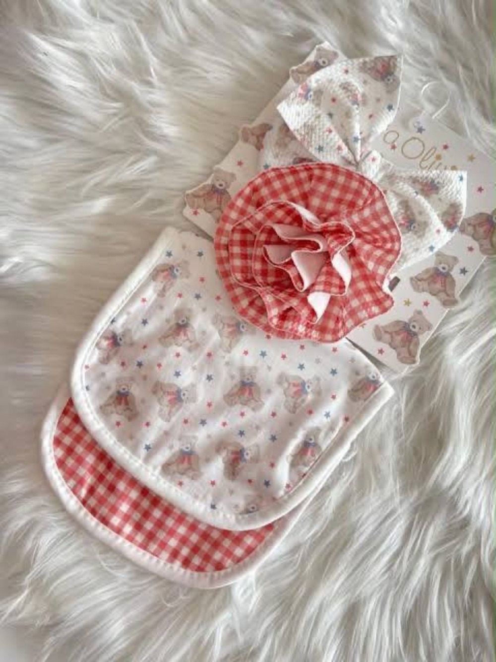 Pink Gingham & Printed Baby Bib Set with Ruffle Accent